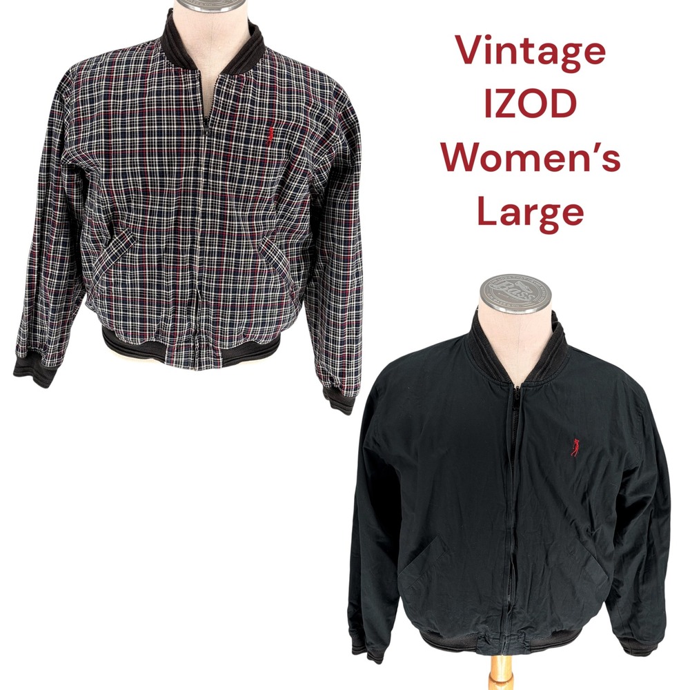 IZOD Reversible Bomber Jacket Large Black Plaid Vintage Cotton Harrington Zip